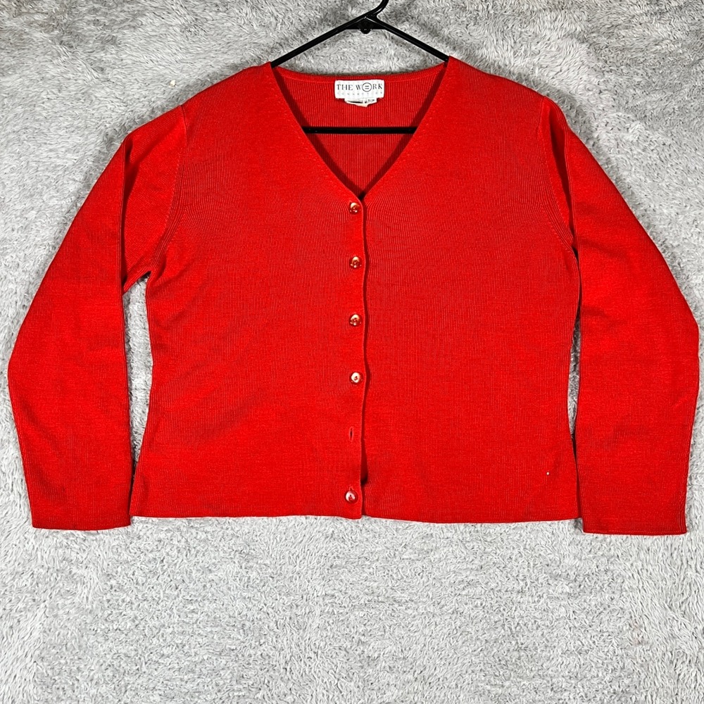 The Work Connection Cardigan Womens Medium Red V-Neck Button Front Knit Sweater